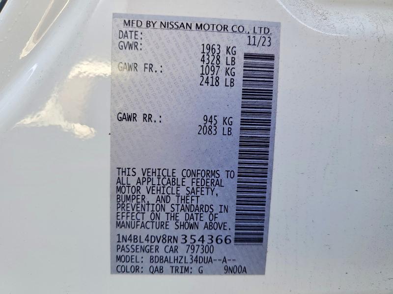 Продажа на аукционе авто 2024 Nissan Altima, vin: 1N4BL4DV8RN354366, номер лота: 41767416