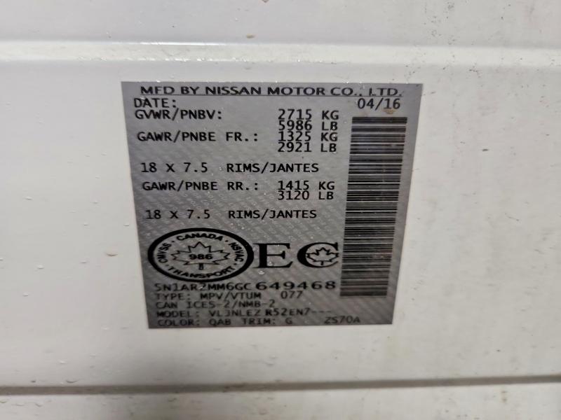 2016 Nissan Pathfinder მანქანა იყიდება აუქციონზე, vin: 5N1AR2MM6GC649468, აუქციონის ნომერი: 41797796