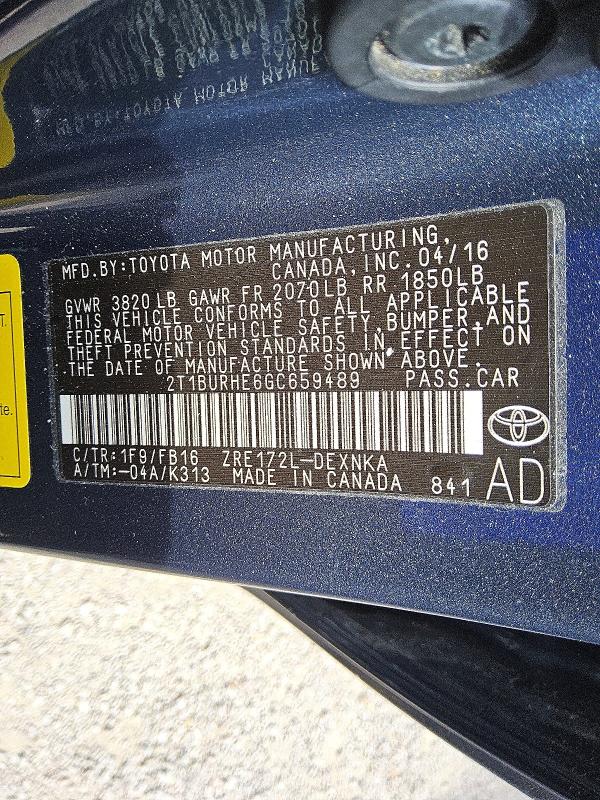 2016 Toyota Corolla მანქანა იყიდება აუქციონზე, vin: 2T1BURHE6GC659489, აუქციონის ნომერი: 41595126