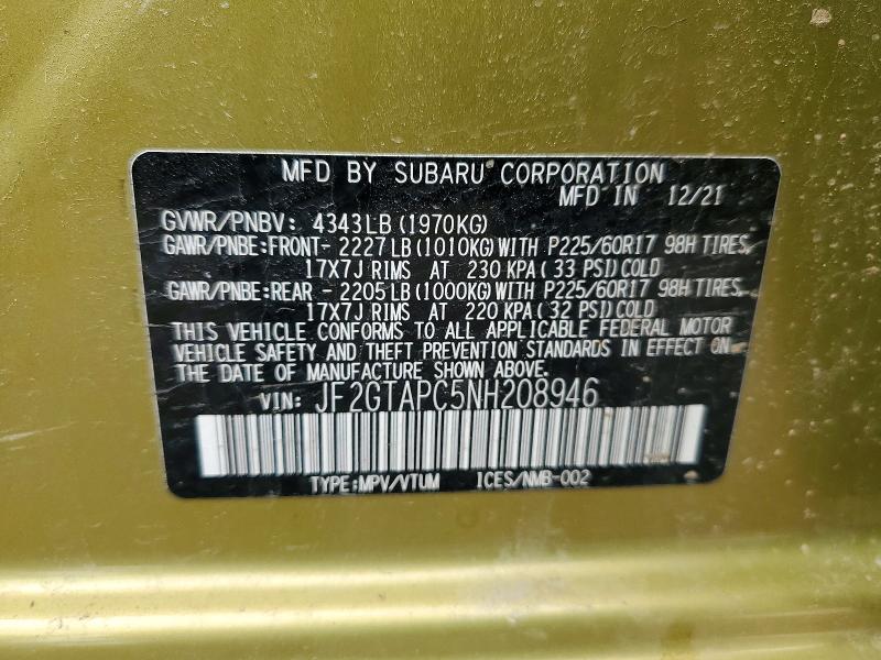 Продажа на аукционе авто 2022 Subaru Crosstrek, vin: JF2GTAPC5NH208946, номер лота: 47193916