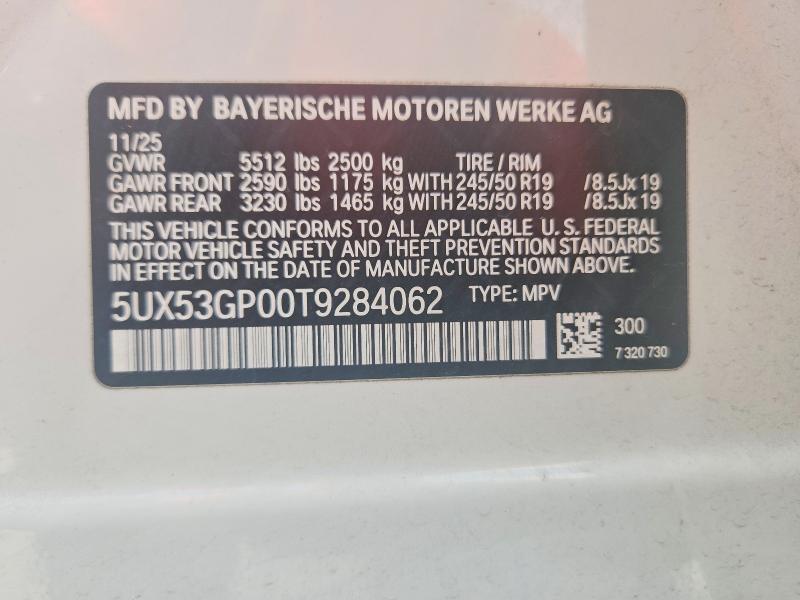 2026 Bmw X3 მანქანა იყიდება აუქციონზე, vin: 5UX53GP00T9284062, აუქციონის ნომერი: 46238676