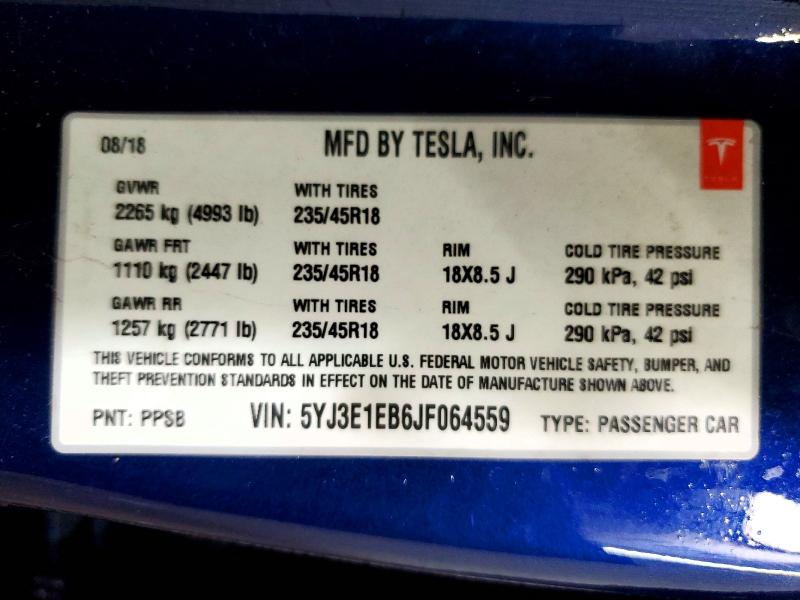 2018 Tesla Model 3 მანქანა იყიდება აუქციონზე, vin: 5YJ3E1EB6JF064559, აუქციონის ნომერი: 45647016