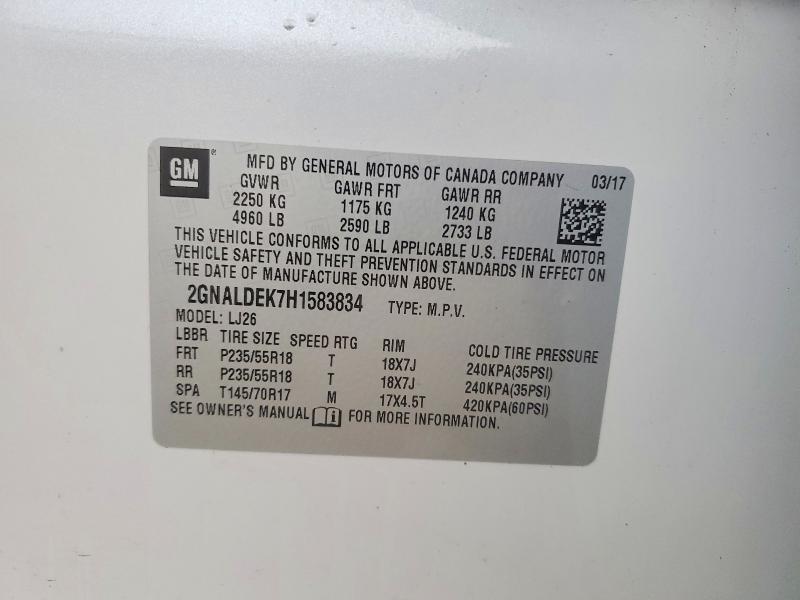 45598006 :رقم المزاد ، 2GNALDEK7H1583834 vin ، 2017 Chevrolet Equinox مزاد بيع