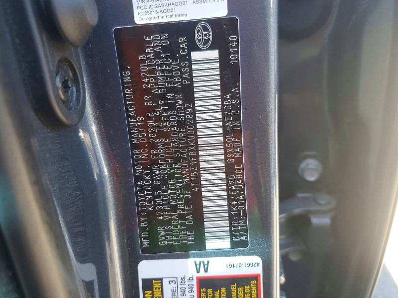 77768325 :رقم المزاد ، 4T1BZ1FBXKU002892 vin ، 2019 Toyota Avalon مزاد بيع