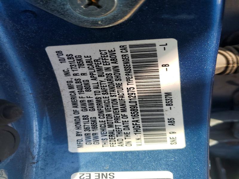 47621156 :رقم المزاد ، 1HGFA16589L012975 vin ، 2009 Honda Civic مزاد بيع