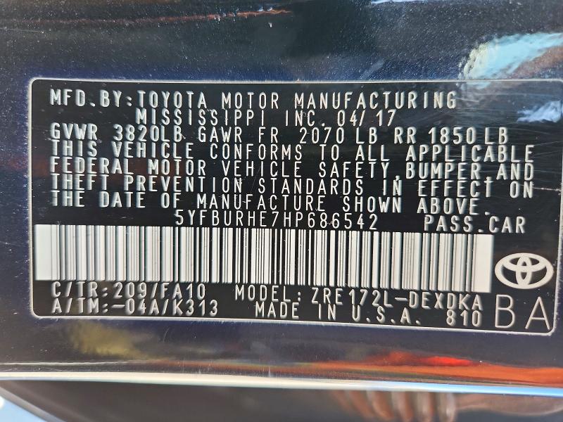 Auction sale of the 2017 Toyota Corolla, vin: 5YFBURHE7HP686542, lot number: 47200306