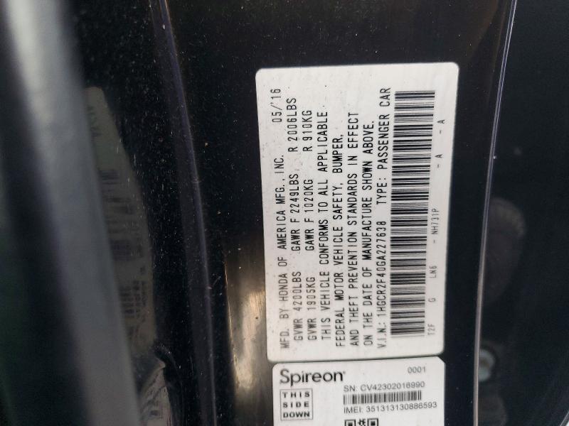 47702856 :رقم المزاد ، 1HGCR2F40GA227638 vin ، 2016 Honda Accord مزاد بيع