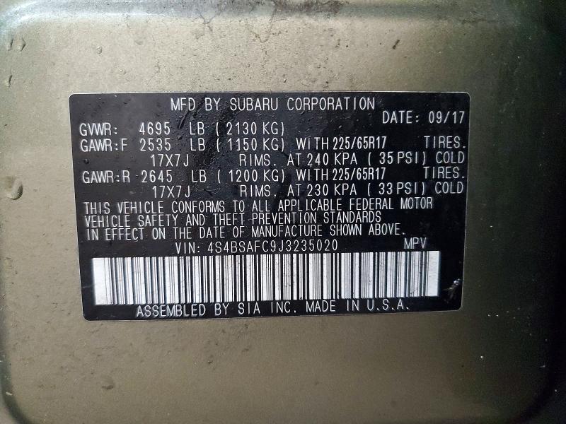 46343716 :رقم المزاد ، 4S4BSAFC9J3235020 vin ، 2018 Subaru Outback مزاد بيع