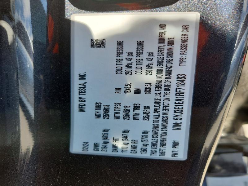 47626616 :رقم المزاد ، 5YJ3E1EA1RF718483 vin ، 2024 Tesla Model 3 مزاد بيع