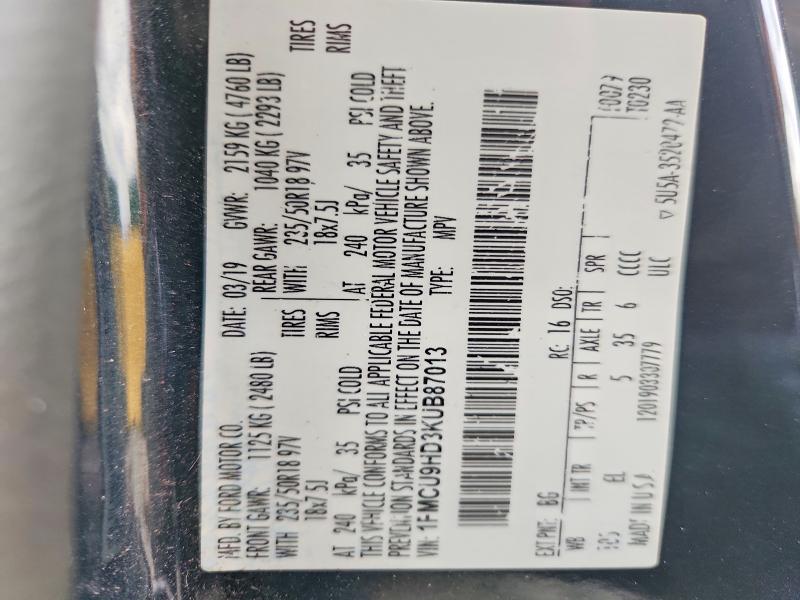 47085086 :رقم المزاد ، 1FMCU9HD3KUB87013 vin ، 2019 Ford Escape مزاد بيع