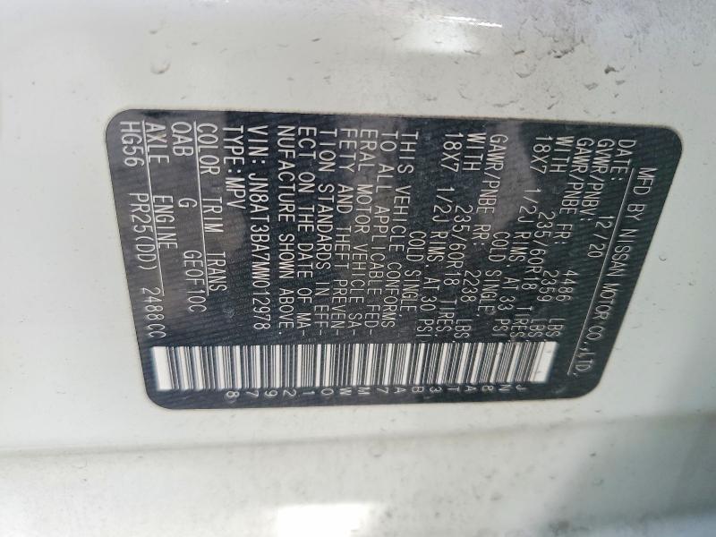 45872016 :رقم المزاد ، JN8AT3BA7MW012978 vin ، 2021 Nissan Rogue مزاد بيع