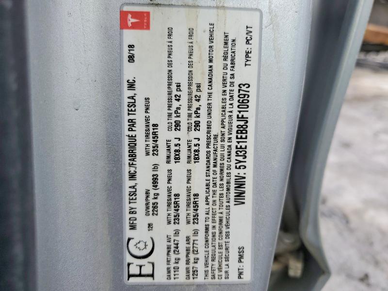 41757316 :رقم المزاد ، 5YJ3E1EB8JF106973 vin ، 2018 Tesla Model 3 مزاد بيع