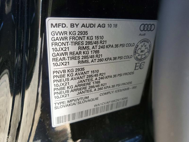 2019 Audi Q8 მანქანა იყიდება აუქციონზე, vin: WA1CVAF19KD013064, აუქციონის ნომერი: 79253165