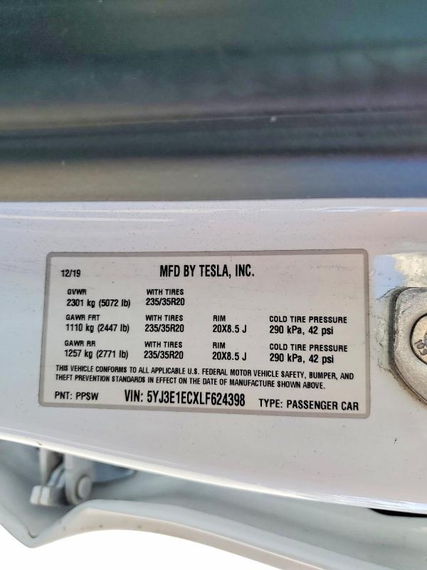 2020 Tesla Model 3 მანქანა იყიდება აუქციონზე, vin: 5YJ3E1ECXLF624398, აუქციონის ნომერი: 41720486