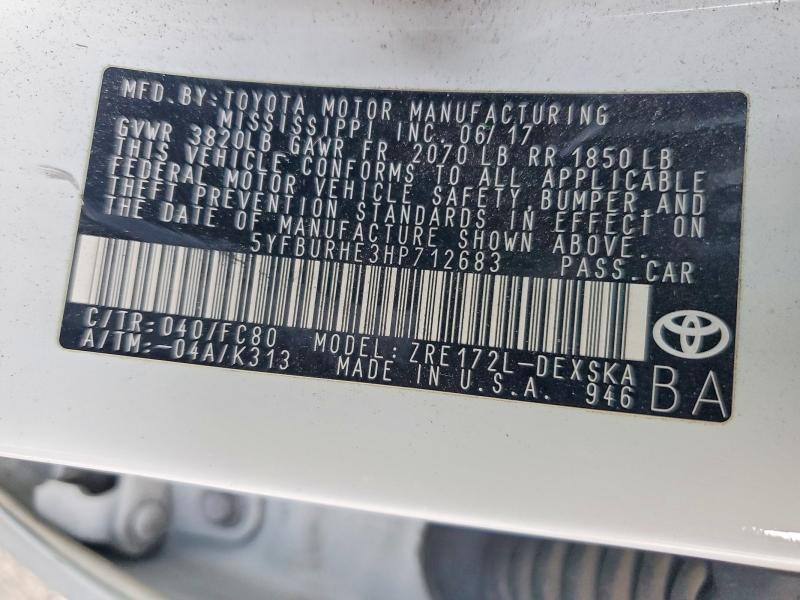 Aukcja sprzedaży 2017 Toyota Corolla, vin: 5YFBURHE3HP712683, numer aukcji: 47934146