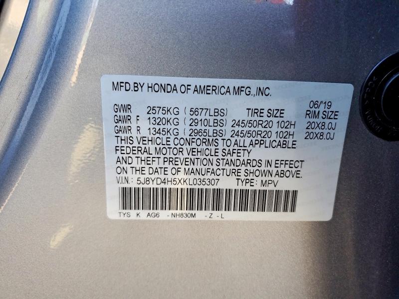 47312246 :رقم المزاد ، 5J8YD4H5XKL035307 vin ، 2019 Acura Mdx مزاد بيع