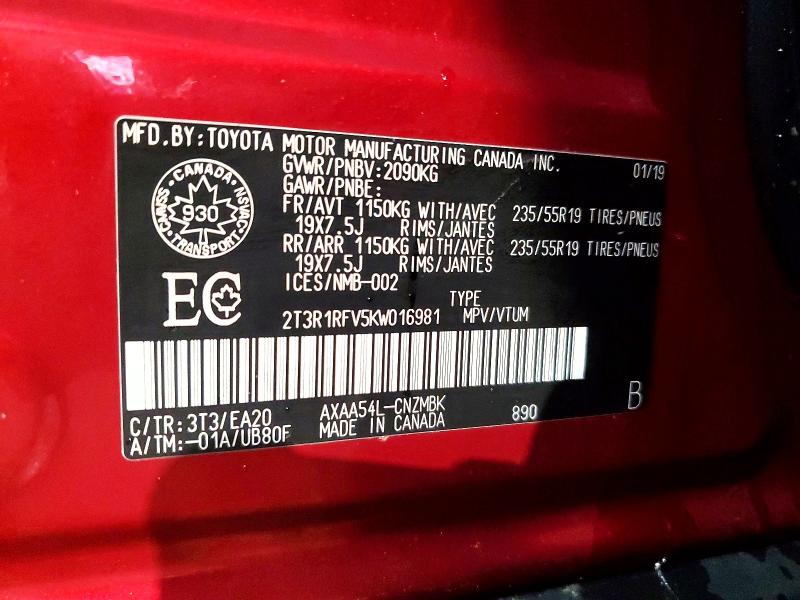 Aukcja sprzedaży 2019 Toyota Rav4, vin: 2T3R1RFV5KW016981, numer aukcji: 46367676