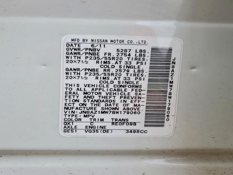 Продажа на аукционе авто 2011 Nissan Murano, vin: JN8AZ1MW7BW179060, номер лота: 45651356