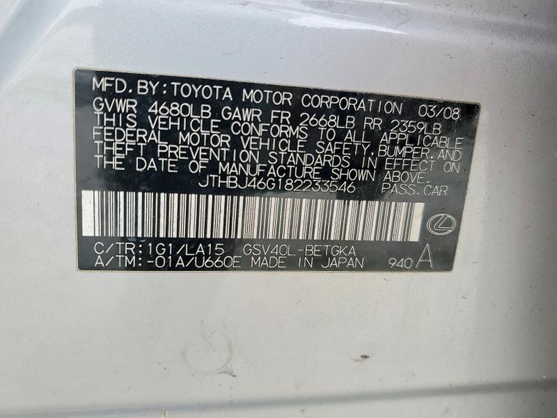 Aukcja sprzedaży 2008 Lexus Es 350, vin: JTHBJ46G182233546, numer aukcji: 47812386