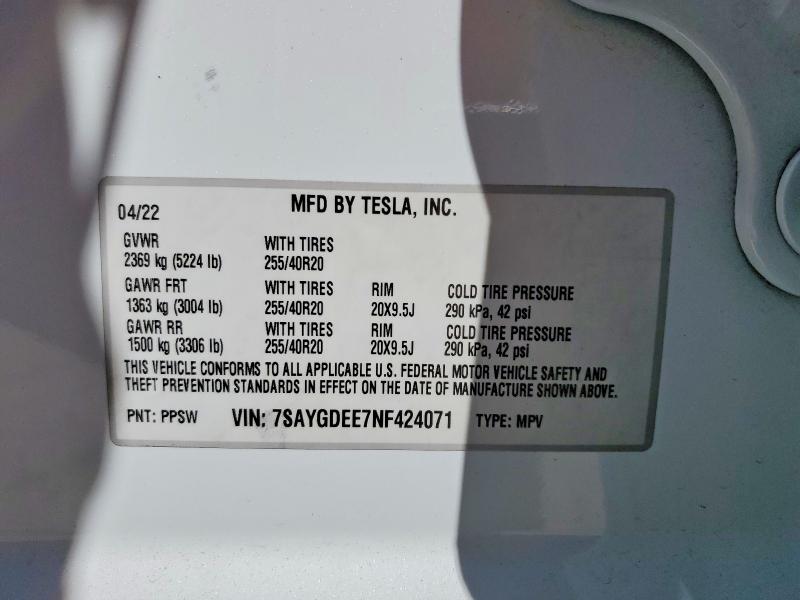 47556396 :رقم المزاد ، 7SAYGDEE7NF424071 vin ، 2022 Tesla Model Y مزاد بيع