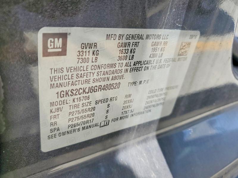 48099796 :رقم المزاد ، 1GKS2CKJ6GR480520 vin ، 2016 Gmc Yukon مزاد بيع