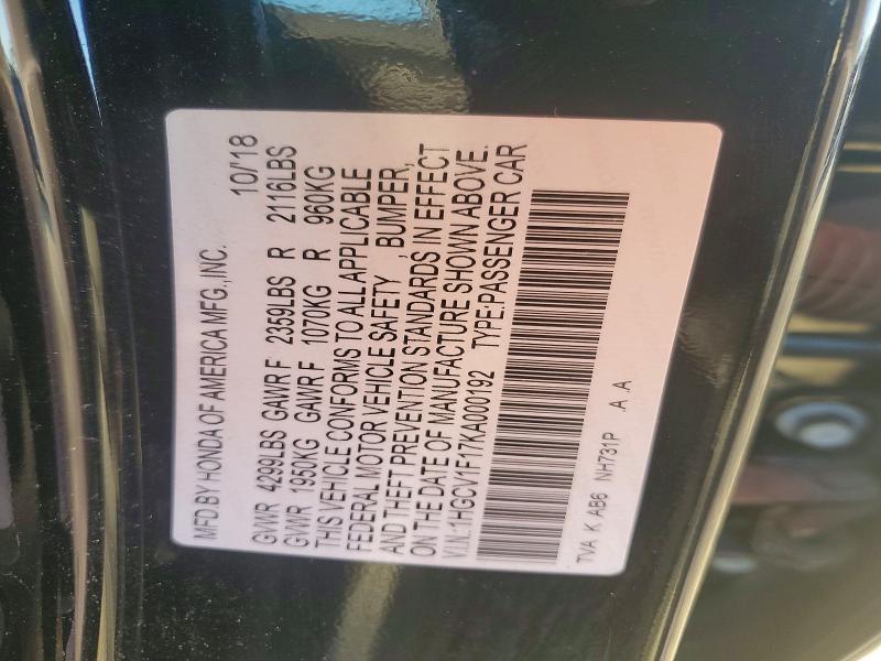 Продаж на аукціоні авто 2019 Honda Accord, vin: 1HGCV1F17KA000192, номер лоту: 41821536