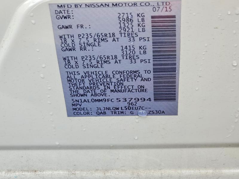 47259706 :رقم المزاد ، 5N1AL0MM9FC537994 vin ، 2015 Infiniti Qx60 مزاد بيع
