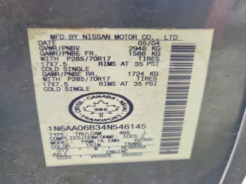 Auction sale of the 2004 Nissan Titan, vin: 1N6AA06B34N546145, lot number: 47406326