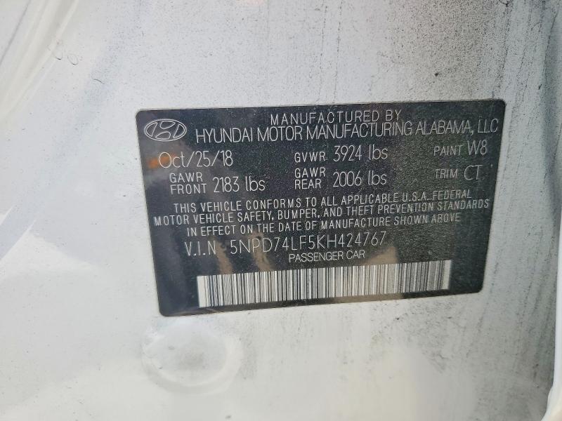 47481816 :رقم المزاد ، 5NPD74LF5KH424767 vin ، 2019 Hyundai Elantra مزاد بيع