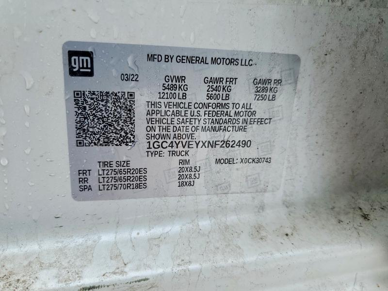 2022 Chevrolet Silverado მანქანა იყიდება აუქციონზე, vin: 1GC4YVEYXNF262490, აუქციონის ნომერი: 78878655