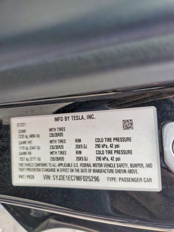 Aukcja sprzedaży 2021 Tesla Model 3, vin: 5YJ3E1EC7MF025296, numer aukcji: 47273156