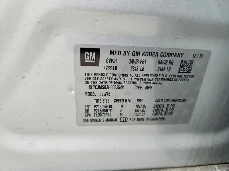 Продаж на аукціоні авто 2017 Chevrolet Trax, vin: KL7CJMSB3HB083548, номер лоту: 46034966
