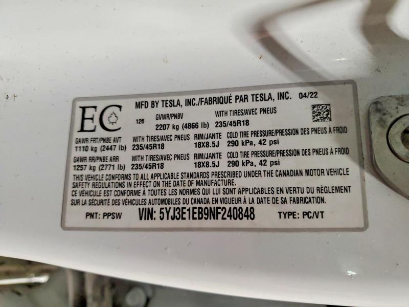 2022 Tesla Model 3 მანქანა იყიდება აუქციონზე, vin: 5YJ3E1EB9NF240848, აუქციონის ნომერი: 77223705