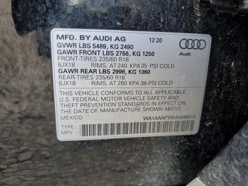2021 Audi Q5 მანქანა იყიდება აუქციონზე, vin: WA1AAAFY5M2046416, აუქციონის ნომერი: 47399826