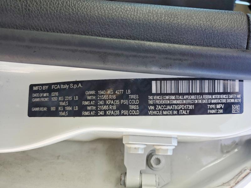 Продаж на аукціоні авто 2016 Jeep Renegade, vin: ZACCJAAT8GPD17361, номер лоту: 46520396