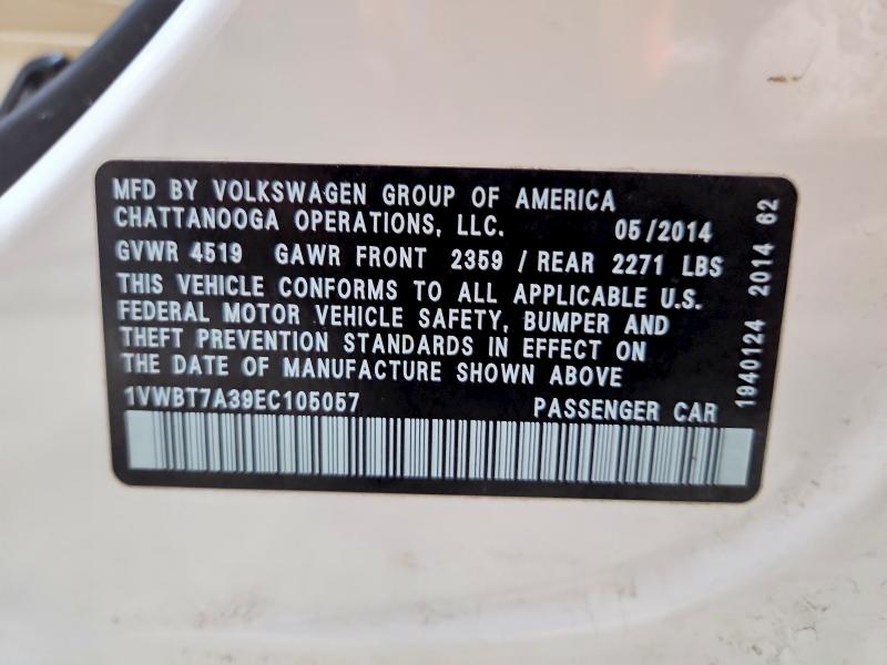 2014 Volkswagen Passat მანქანა იყიდება აუქციონზე, vin: 1VWBT7A39EC105057, აუქციონის ნომერი: 47247106