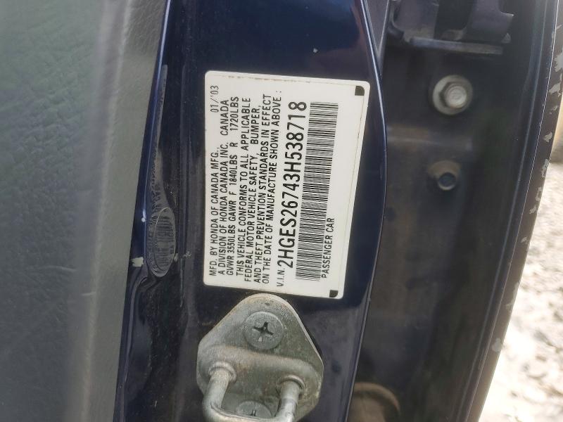 Aukcja sprzedaży 2003 Honda Civic, vin: 2HGES26743H538718, numer aukcji: 45475996