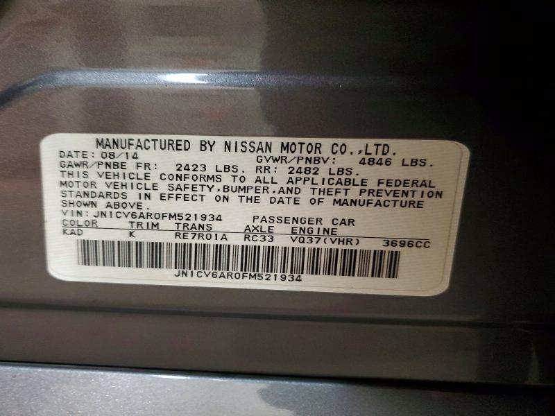 45537326 :رقم المزاد ، JN1CV6AR0FM521934 vin ، 2015 Infiniti Q40 مزاد بيع