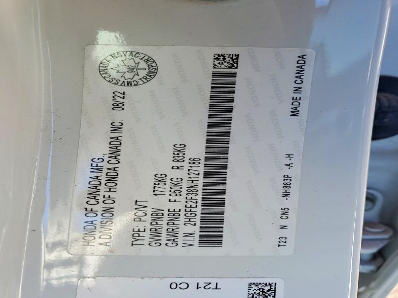 2022 Honda Civic მანქანა იყიდება აუქციონზე, vin: 2HGFE2F38NH127186, აუქციონის ნომერი: 79434035