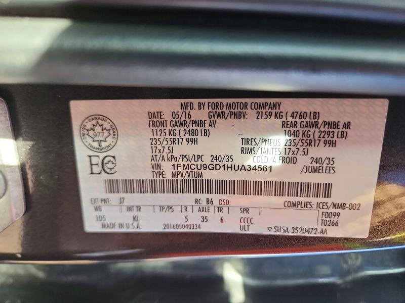 Aukcja sprzedaży 2017 Ford Escape, vin: 1FMCU9GD1HUA34561, numer aukcji: 41913146
