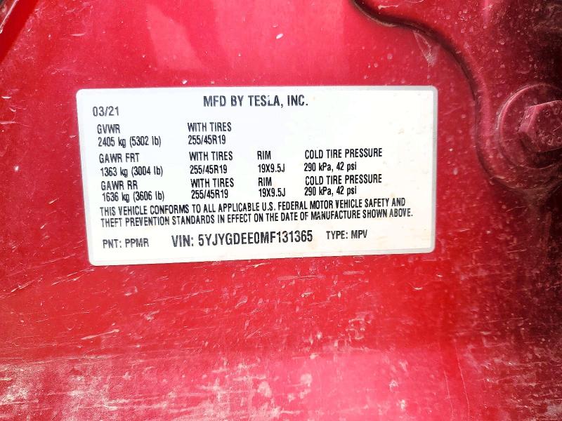 2021 Tesla Model Y მანქანა იყიდება აუქციონზე, vin: 5YJYGDEE0MF131365, აუქციონის ნომერი: 47625226