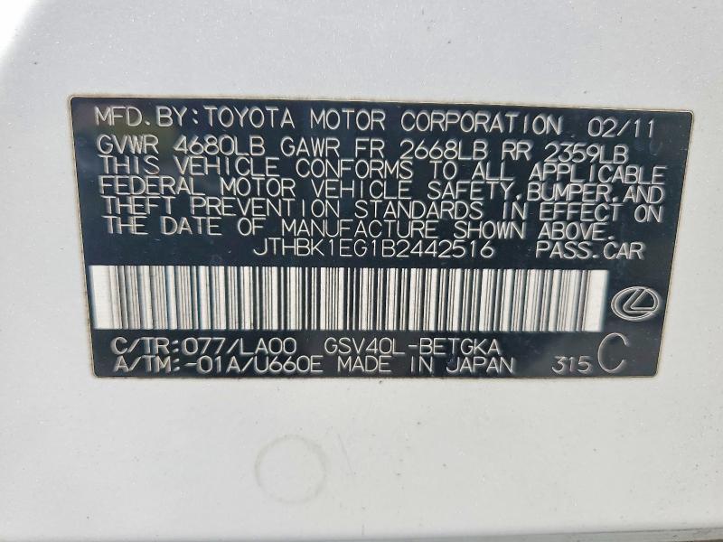 Aukcja sprzedaży 2011 Lexus Es 350, vin: JTHBK1EG1B2442516, numer aukcji: 46810336
