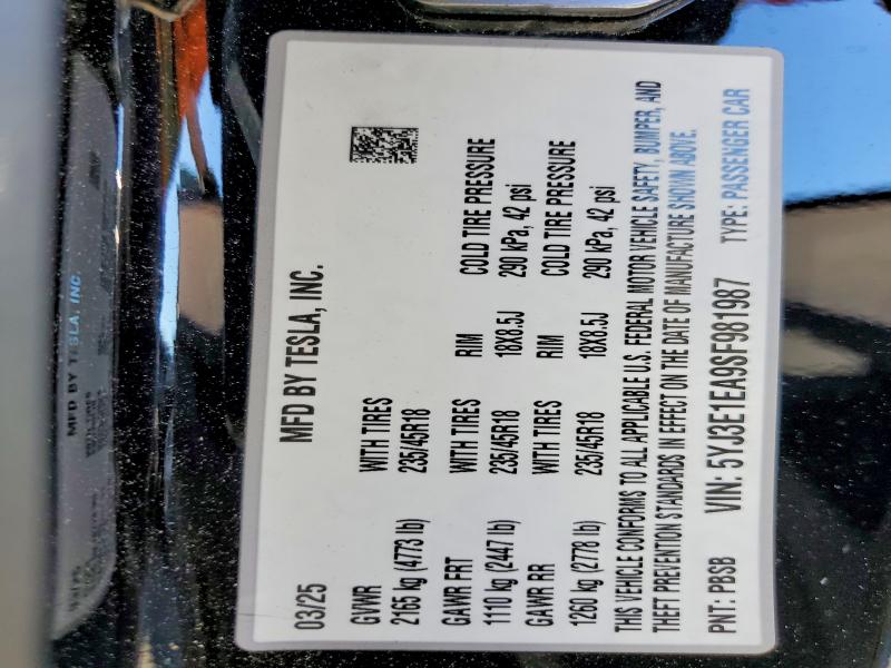 2025 Tesla Model 3 მანქანა იყიდება აუქციონზე, vin: 5YJ3E1EA9SF981987, აუქციონის ნომერი: 46330546