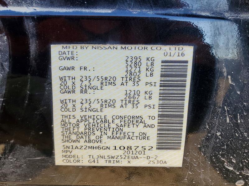 Продаж на аукціоні авто 2016 Nissan Murano, vin: 5N1AZ2MH6GN108752, номер лоту: 46007776
