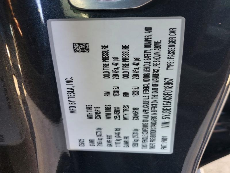 45991946 :رقم المزاد ، 5YJ3E1EAXSF018967 vin ، 2025 Tesla Model 3 مزاد بيع