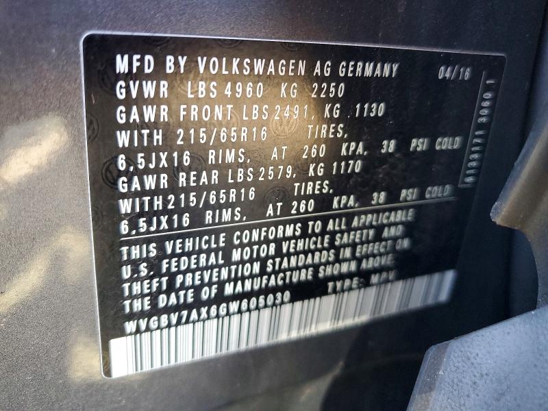 Aukcja sprzedaży 2016 Volkswagen Tiguan, vin: WVGBV7AX6GW605030, numer aukcji: 47231946
