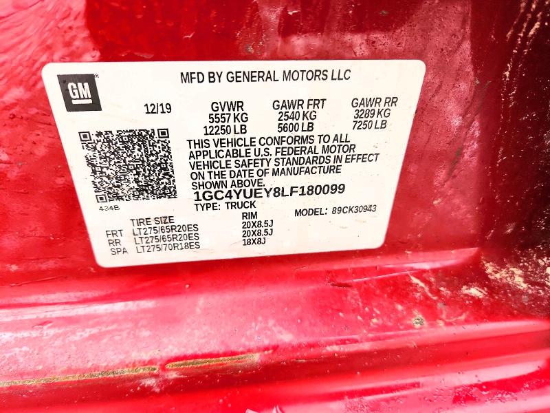 49646476 :رقم المزاد ، 1GC4YUEY8LF180099 vin ، 2020 Chevrolet Silverado مزاد بيع