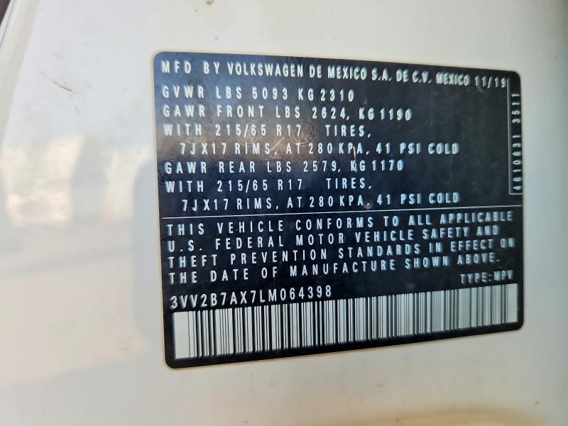 46552436 :رقم المزاد ، 3VV2B7AX7LM064398 vin ، 2020 Volkswagen Tiguan مزاد بيع
