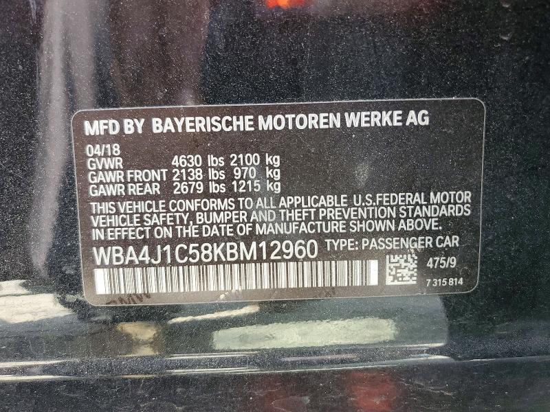 48116586 :رقم المزاد ، WBA4J1C58KBM12960 vin ، 2019 Bmw 430i مزاد بيع