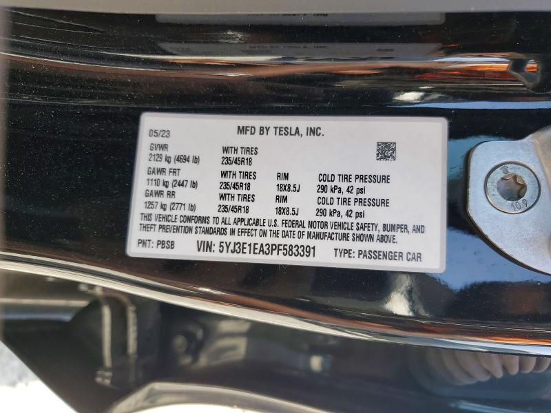 2023 Tesla Model 3 მანქანა იყიდება აუქციონზე, vin: 5YJ3E1EA3PF583391, აუქციონის ნომერი: 47050796